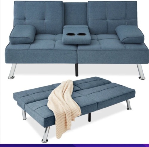 Linen Upholstered Convertible Sofa Bed Futon w/ 2 Cupholders - Lot 130