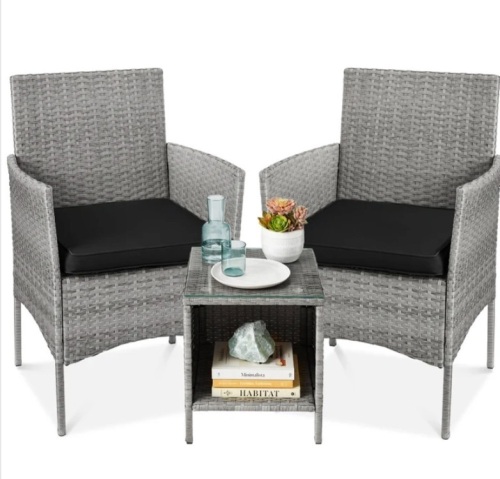 3-Piece Outdoor Patio Wicker Bistro Set w/ Side Storage Table - Lot 131