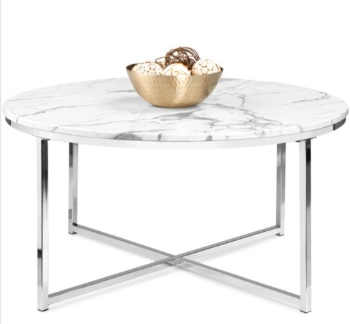 Round Coffee Table w/ Faux Marble Top, Metal Frame - 36in - Lot 157