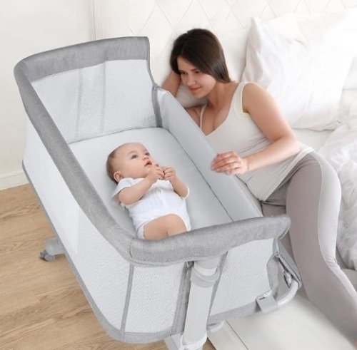 COMOMY Baby Bassinet Bedside Sleeper, Baby Bed Bedside Crib with Wheels, Co Sleeper for Newborn Baby Infant, 4-Sided Mesh, Adjustable Height (Grey) - Lot 159