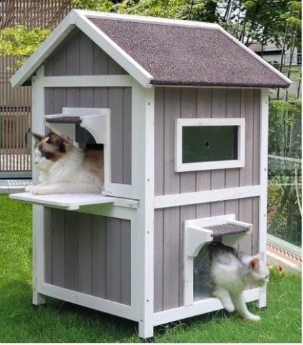 Outdoor Cat House, 2 Story Outdoor Houses for Feral Cats Wooden Outside Cat Shelter Weatherproof with Escape Door - Lot 39a