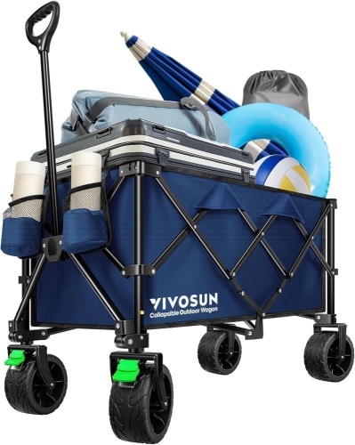 VIVOSUN Collapsible Folding Wagon, Outdoor Utility with Silent All-Terrain Beach Wheels, Adjustable Handle, Cup Holders & Side Pockets, for Camping, Beach, Shopping, Garden, Sports, Picnic, Blue - Lot 1288