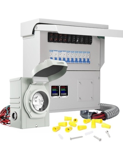 Upgraded 50A 10 Circuit Transfer Switch Kit with 2 Digital Display Energy Meter with SS2-50p Optional Power Inlet, IP 67 Waterproof, Pre-Wired, Transfer Switch Suitable for Indoor and Outdoor Use - Lot 1360