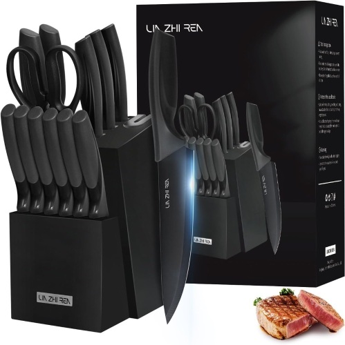 Knife Set, 15 Pieces Kitchen Knife Sets with Block, Built-in Sharpener, Dishwasher Safe, Anti-slip Ergonomic Handle, Knife Block Set for Chopping, Slicing, Dicing & Cutting, Black - Lot 1482