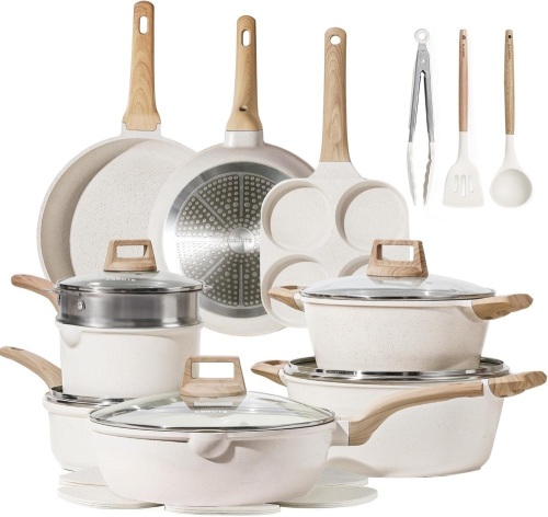 CAROTE 21Pcs Pots and Pans Set, Nonstick Cookware Sets, White Granite Induction Cookware Non Stick Cooking Set w/Frying Pans & Saucepans(PFOS, PFOA Free) - Lot 1476