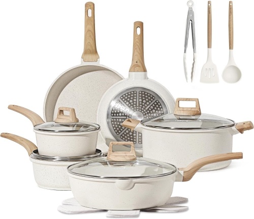 CAROTE 16 Piece Pots and Pans Set Nonstick, White Granite Cookware Sets Induction Cookware, Non Stick Cooking Set w/Frying Pans & Saucepans (PFOS, PFOA Free) - Lot 1463