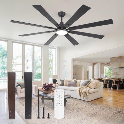 72 inch Large Ceiling Fans with Lights and Remote, Indoor/Outdoor Black Modern Ceiling Fan for Kitchen Living Room Patio, 6 Speed Reversible Quiet DC Motor, 3 CCT, Dual Finish 8 Blades - Lot 1468