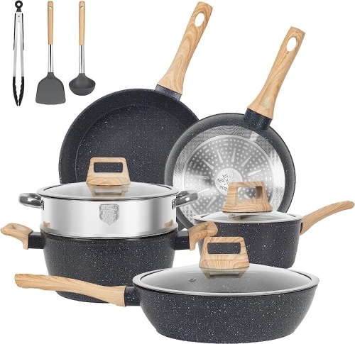 12pcs Pots and Pans Set Non Stick Kitchen Cookware Sets Induction Cookware Nonstick Granite Cooking Set with Frying Pans, Saucepans, Steamer Silicone Shovel Spoon & Tongs (Black) - Lot 1449