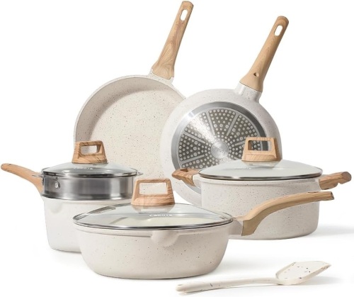CAROTE Pots and Pans Set Nonstick, White Granite Induction Kitchen Cookware Set, 10 Pcs Non Stick Cooking Set w/Frying Pans & Saucepans(PFOS, PFOA Free) - Lot 1433