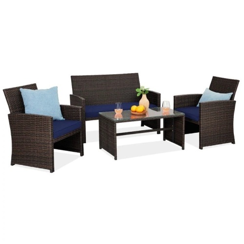 4-Piece Outdoor Wicker Conversation Patio Set w/ 4 Seats, Glass Table Top - Lot 1529
