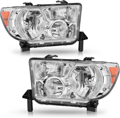 Headlight Assembly Fit For 2007 2008 2009 2010 2011 2012 2013 Toyota Tundra / 2008-2017 Toyota Sequoia Headlights W/O Headlight Leveling Adjuster (Chrome Housing Amber Reflector) - Lot 1558