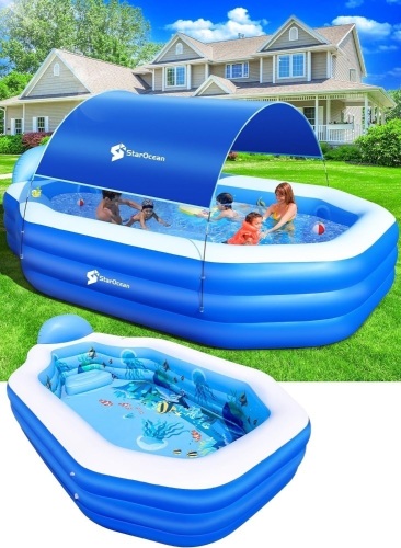 Inflatable Pool with Canopy,2024 Large Inflatable Swimming Pool for Kids,Adult, BlowUp Pool With Seats,Backrest.Durable Thickened 125"x75"x25"Inflatable Family Pool for Backyard,Outdoor-Blue - Lot 1559