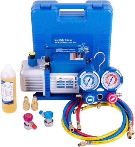 VIVOHOME 110V 1/4 HP 3.5 CFM Single Stage Rotary Vane Air Vacuum Pump and R134a AC Manifold Gauge Set Kit for HVAC Air Conditioning Refrigeration Recharging - Lot 1572