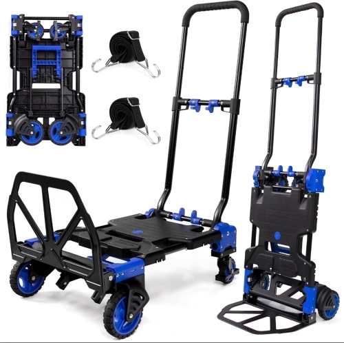 2-1 Folding Hand Truck Dolly,330LBS Capacity Dolly Cart,Foldable Dolly Hand Truck with Retractable Handle and 4 Rubber Wheels,Hand Cart Foldable for Luggage/Travel/Office/Moving - Lot 1573