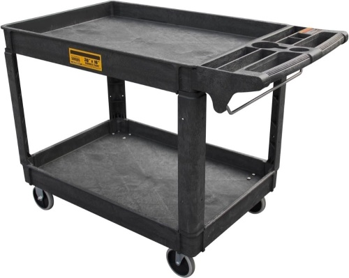 Utility Service Cart, 2-Shelf 500LBS Heavy Duty Plastic Rolling Utility Cart with 360° Swivel Wheels, Lipped Shelves, Ergonomic Storage Handle for Warehouse/Garage/Cleaning/Manufacturing - Lot 1646