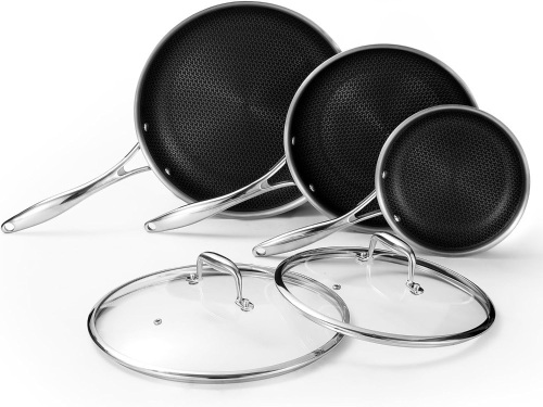 DELUXE Hybrid Nonstick Fry Pan Set 5-Piece, 8, 10 and 12-Inch Frying Pan Cookware Set with Glass Lids, Skillet with Stay-Cool Handles, Dishwasher&Oven Safe, PFOA Free Compatible with All Cooktops - Lot 1648