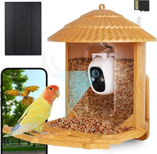 Samyoung Smart Bird Feeder with Camera AI Identify Bird Species, 4MP HD Auto Capture Bird Watching Cam, Live View, Instant Notifications with 32GB TF Card, Solar Powered Bird Camera, Wood Color - Lot 1390