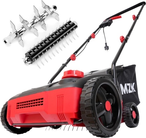 MZK 13-inch 12-Amp 2-in-1 Electric Dethatcher and Scarifier w/Removeable 8-Gallon Collection Bag, 4-Position Height Adjustment, Keep Lawn Health - Lot 1393