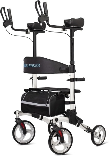 ELENKER Upright Walker, Stand Up Folding Rollator Walker with 10” Front Wheels Backrest Seat and Padded Armrests for Seniors and Adults, Silver - Lot 1398
