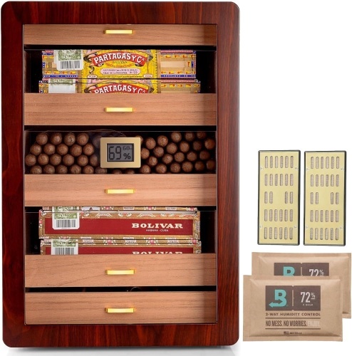 Cigar Humidors, Cedar Wood Humidor with Digital Hygrometer, Drawers, Humidifiers and Gold-Plated Hardwares. Cigar humidor Cabinet for Men Husband Father, 300 Cigars Capacity Walnut Color - Lot 1578
