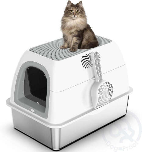 Stainless Steel Top Entry Litter Box with Dog-Proof, Hooded Stainless Steel Litter Box with Filter Lid & Scoop - Lot 1676
