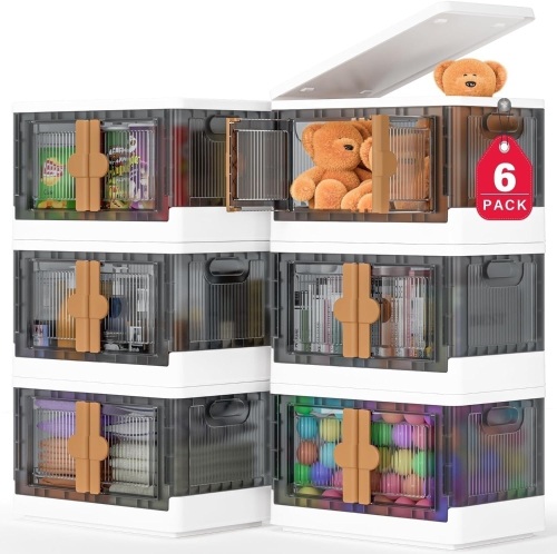 Closet Organizers and Storage, 204 Qt-6 Pack Storage Bins with Lids and Wheels, Collapsible Stackable Storage Bins, Plastic Foldable Box Storage Containers for Home, Office, Dorm Room Essentials - Lot 1663