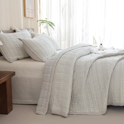 CozyTide 100% Cotton Quilt Set Queen Size,3 Pieces Khaki Waffle Bedspread,Fluffy Lightweight Coverlet Set (90x98 Quilt & 2 Pillowcases) Farmhouse Quilt Bedding Set Ultra Soft - Lot 1669