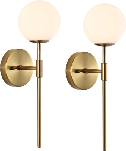 Gold Wall Sconce Set of 2 with White Globe Glass Shades Modern Mid Century Bathroom Vanity Wall Light Fixtures Industrial Brushed Brass Wall Lamp for Bedroom Mirror Living Room Restaurant - Lot 1670