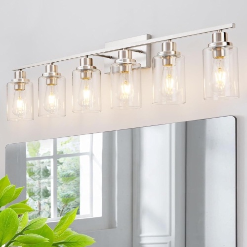 6 Light Bathroom Light Fixtures Brushed Nickel Vanity Light Over Mirror Modern Farmhouse Wall Lighting Sconces Wall Lamp for Bathroom, Bedroom, Living Room E26 Socket with Glass Shade - Lot 1673