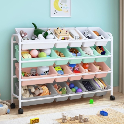 Kids Toy Storage Organizer with 20 Plastic Bins, 4-Tier Metal Toy Storage Rack, Extra Large Toy Organizer and Storage Bins for Kids Room, Playroom and Nursery, Multi-Color - Lot 1674