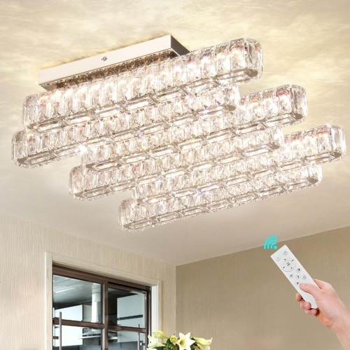 Dimmable LED Chandelier,LED Crystal Ceiling Light 6 Lights Flush Mount Rectangle Close to Ceiling Lamp Contemporary Luxury Island Clear Crystal Chandelier Lighting for Kitchen Living Room - Lot 1701