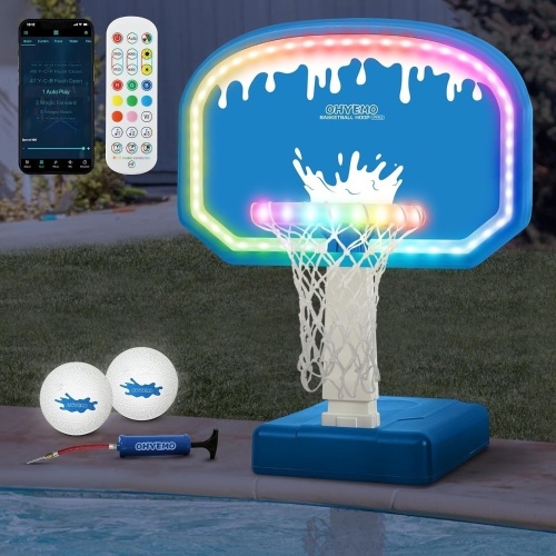 LED Pool Basketball Hoop, Oversized Swimming Pool Basketball Game Set with 14in LED Rim/2 Glow Balls/Base/Pump, App & Music Sync for Inground Pool, Light Up Pool Games Toys for Adults Teens - Lot 1687