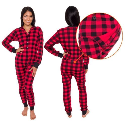 Case of (17) Silver Lilly Buffalo Plaid Women's One Piece Pajamas with Butt Flap, X-Small  - Lot 119