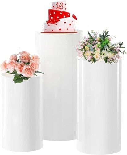 White Metal Cylinder Pedestal Stands, 3 pc  - Lot 673
