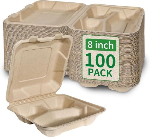 Compostable Disposable 8x8 Inch 3 Compartment Takeout Lunch Box Containers, 100 Pack - Lot 563