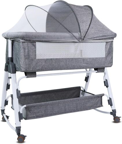 Bedside Baby Bassinet Cradle with Storage Basket & Wheels - Lot 693