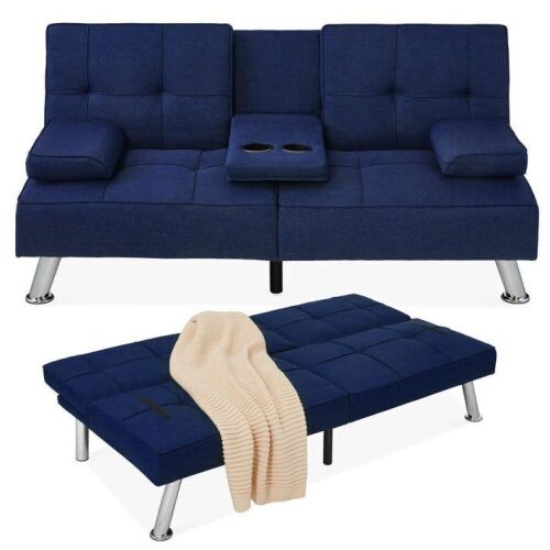 Linen Upholstered Convertible Sofa Bed Futon w/ 2 Cupholders - Lot 72