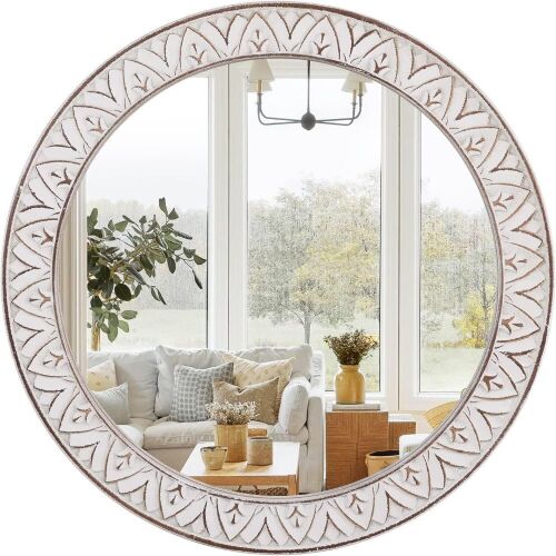 30" Round Wooden Frame Wall Mirror  - Lot 662