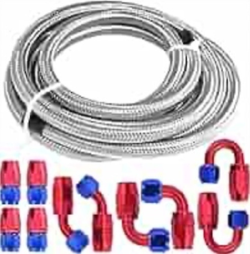 20FT Fuel Line 6AN 3/8" Universal Premium Braided Fuel Hose CP Oil Gas Stainless Steel Nylon FillerFeed Hose W/ 10PCS AN6 Hose End Fitting Adapter Kit - Lot 93