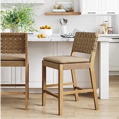 Nathan James Cohen Mid-Century Modern Leather Bar Stool, Counter Height Chair in Solid Wood Frame with Footrest and Woven Leather Back for Kitchen, Natural Brown, 1 count, Barstool - 24" - Lot 95