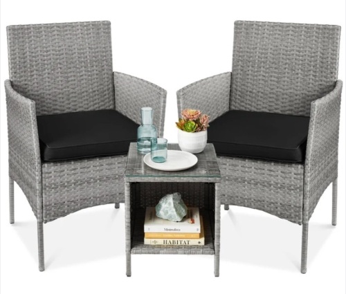 3-Piece Outdoor Patio Wicker Bistro Set w/ Side Storage Table - Lot 97