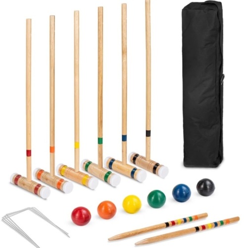 6-Player Wood Croquet Set w/ 6 Mallets, 6 Balls, Wickets, Stakes, Bag - 32in - Lot 120