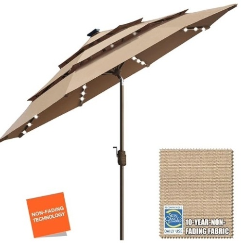 Solar 9ft 3 Tiers Market Umbrella with 80 LED Lights Patio Umbrellas Outdoor Table with Ventilation,Heather Beige - Lot 122