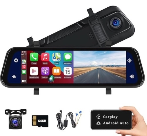 Mirror Dash Cam Compatible with Apple Carplay&Android Auto,9.66" Voice Control Rear View Mirror 1080P Front and Rear View Dual Cameras,Night Vision, Parking Assistance/Monitoring - Lot 165