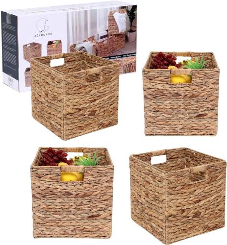 Foldable Handwoven Water Hyacinth Storage Baskets, 12" x 12" x 12", Set of 4  - Lot 335