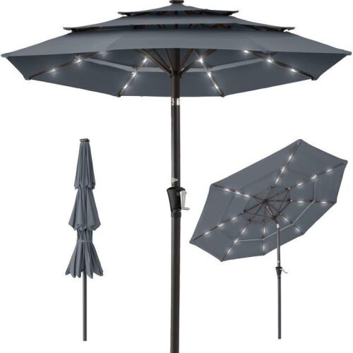 3-Tier Solar Patio Umbrella w/ LED Lights, Tilt Adjustment, Crank - 10ft - Lot 349