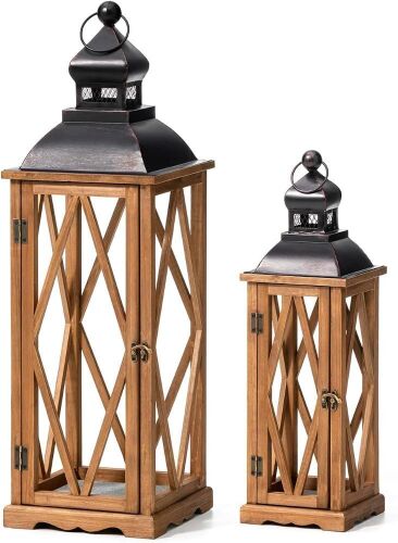 Glitzhome 2 Pack Farmhouse Diamond Wood/Metal Decorative Candle Lanterns - Lot 833