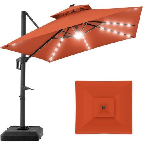 2-Tier Square LED Cantilever Offset Umbrella w/ 360 Rotation, Base - 10x10ft - Lot 29