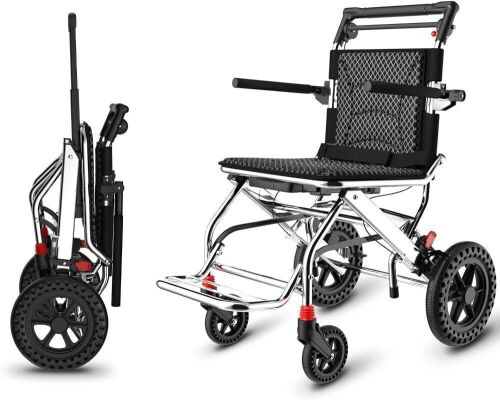  Portable Folding Transport Wheelchair with Telescopic Handle, 18-Inch Wide Seat, 12-Inch Honeycomb Wheels - Lot 93