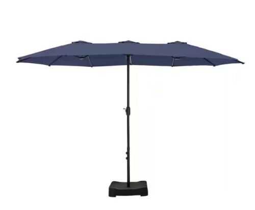 PHI VILLA 15 ft. Market Patio Umbrella 2-Side in Blue With Base and Sandbags  - Lot 94